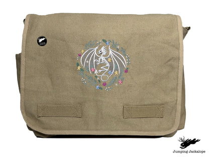 Floral Dragon Skeleton Embroidered Classic Canvas Messenger Bag