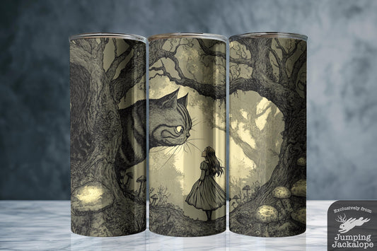 Strange Smiles Tumbler – Alice Meets Cheshire in Dark Wonderland | 20oz Sublimated Cup
