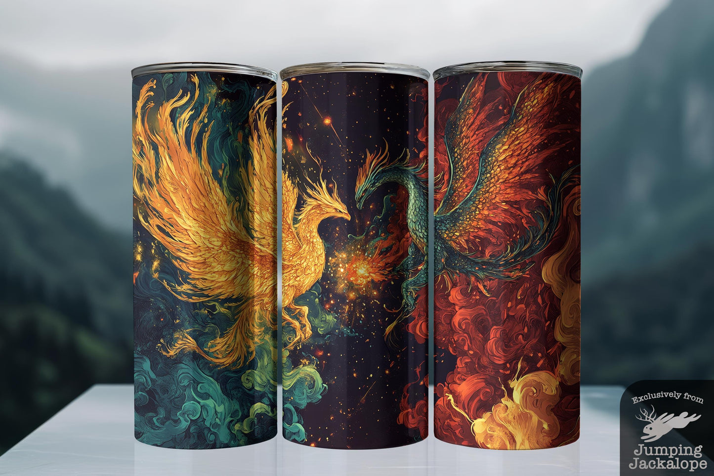 Inferno in the Stars Tumbler – 20oz Dragon and Phoenix Aerial Duel | Celestial Illustration Gift