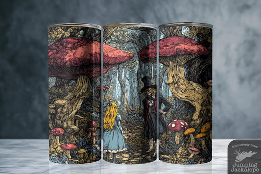 Alice & Mad Hatter Adventure Tumbler – 20oz Gothic Forest Wonderland Scene | Eerie Fairytale Gift