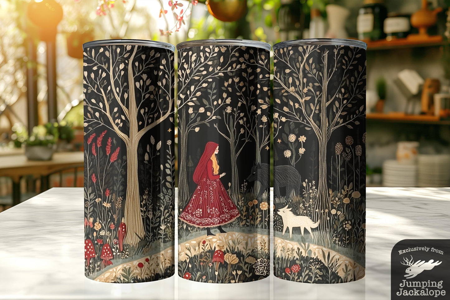 Crimson Cloak & Forest Path Tumbler – 20oz Vintage Red Riding Hood Cup | Whimsical Gothic Drinkware