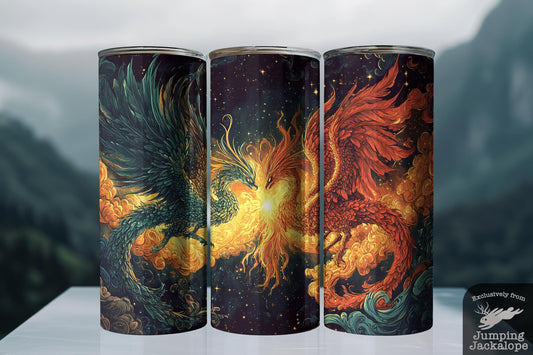Wings of Fire Tumbler – 20oz Phoenix and Dragon Celestial Battle | Mythical Fantasy Scene