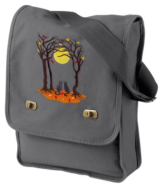 Cat Canvas Field Bag, Kitty Messenger Bag, Moonlit Autumn Embroidered Canvas Field Bag
