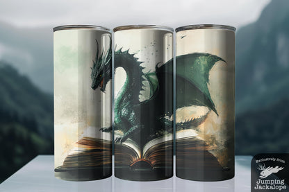 Green Fire Guardian Tumbler – 20oz Fierce Dragon on Ancient Book | Bold High Fantasy Drinkware
