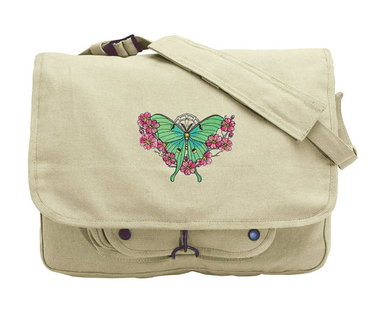 Painted Luna Moth Embroidered Canvas Messenger Bag