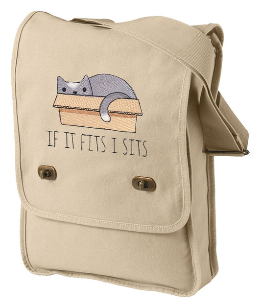 Cat Canvas Bag, Funny Cat Bag, Crazy Cat Lady Bag, Canvas Cat Bag, If it Fits I Sits Embroidered Canvas Field Bag