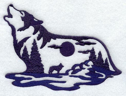 Wolf Silhouette Scene Embroidered Canvas Messenger Bag