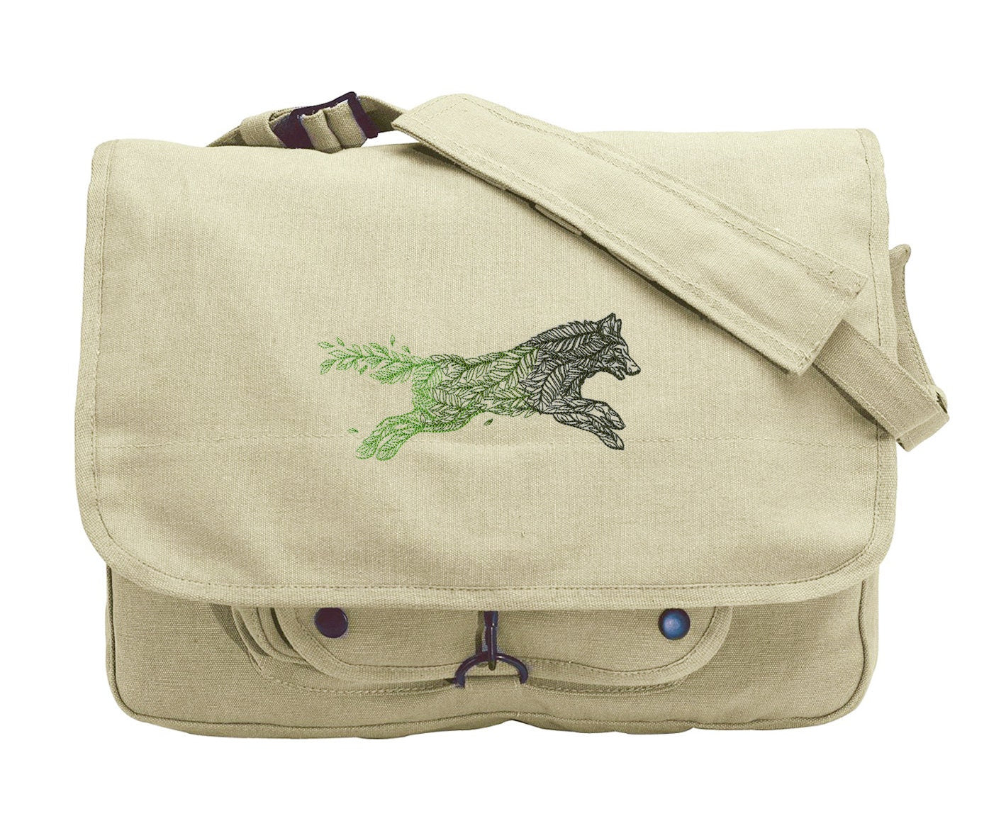 Leafy Wolf Embroidered Canvas Messenger Bag