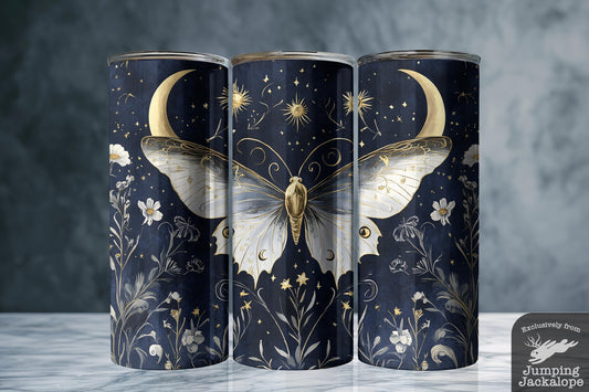 Midnight Oracle Moth Tumbler – Celestial Witchcore Moth Travel Cup