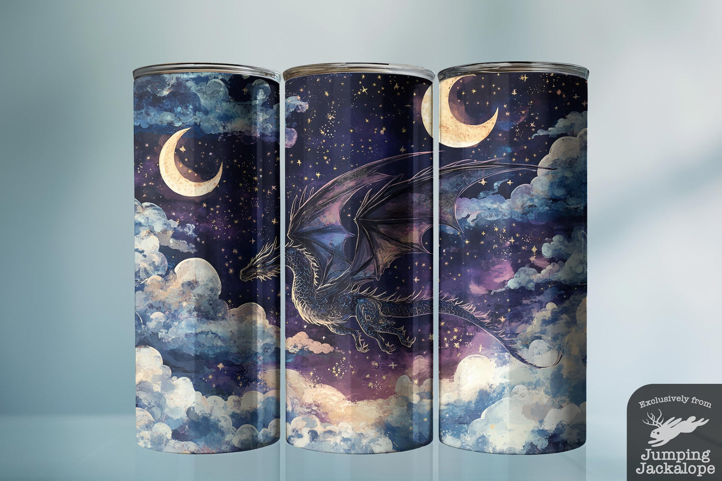 Galactic Shadow Dragon Tumbler – 20oz Mystical Night Sky Fantasy | Purple & Gold Starry Cup