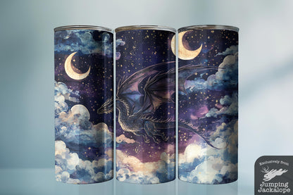 Galactic Shadow Dragon Tumbler – 20oz Mystical Night Sky Fantasy | Purple & Gold Starry Cup