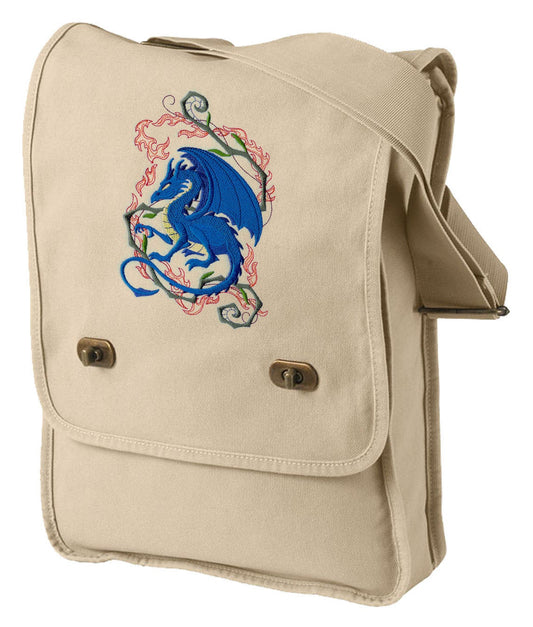 Dragon Crouching in Fantasy Flames Embroidered Canvas Field Bag