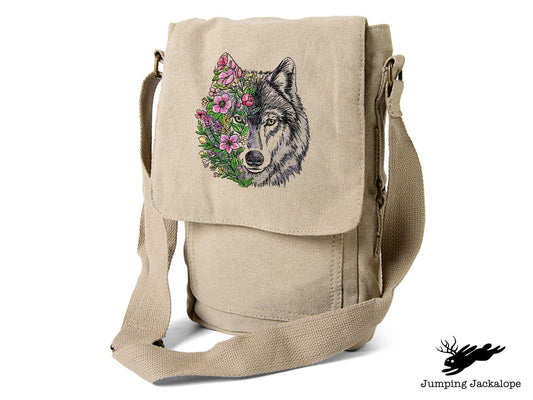 Wolf in Flowers Embroidered Canvas Tech, Tablet, iPad, Kindle, Fire, Camera Bag