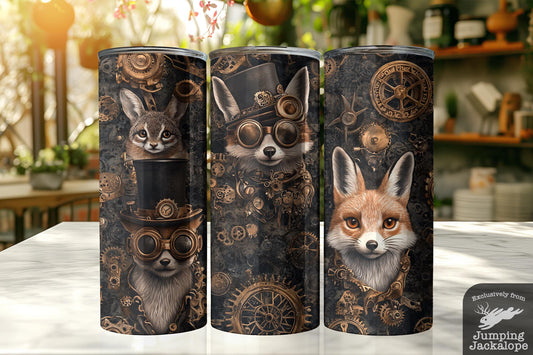 Whimsical Steampunk Fox and Hare Tumbler – 20oz Gear-Laden Woodland Creatures Drinkware
