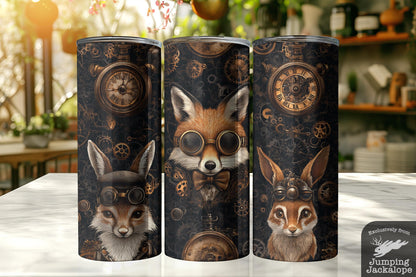 Steampunk Time Traveler Animal Tumbler – 20oz Fox and Bunny with Gears & Goggles | Fantasy Clockwork Design
