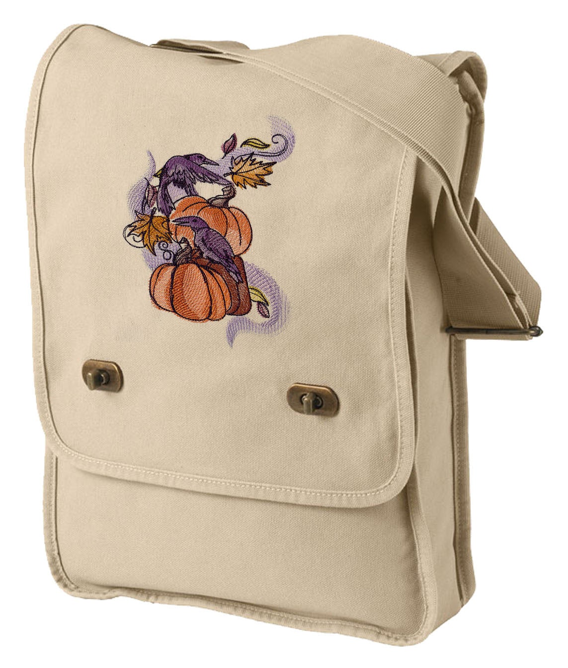 Painted Ravens and Pumpkins Embroidered Canvas Field Bag