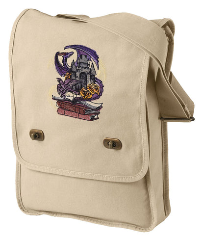 Dragon Bag, Book Bag, Fantasy Field Bag, Tomes of Imagination Embroidered Canvas Field Bag