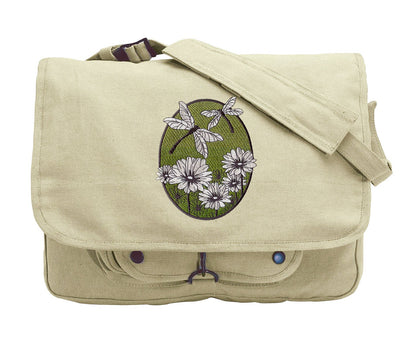 Spring Dragonfly Oval Embroidered Canvas Messenger Bag