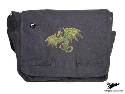 Gilded Patina Dragon Embroidered Classic Canvas Messenger Bag