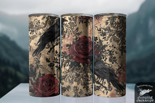 Victorian Gothic Raven Tumbler – 20oz Skull, Red Roses & Crow Cup | Macabre Aesthetic Drinkware