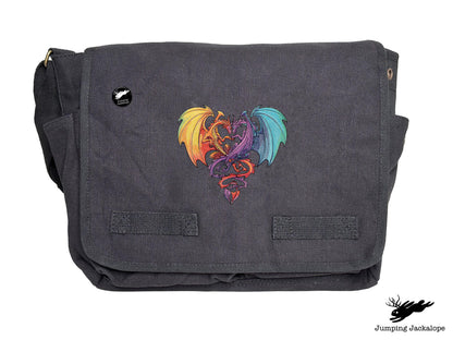 Intertwined Rainbow Heart Dragons Embroidered Classic Canvas Messenger Bag