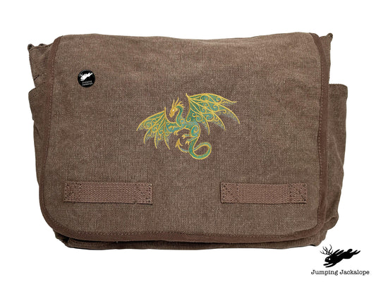 Gilded Patina Dragon Embroidered Classic Canvas Messenger Bag