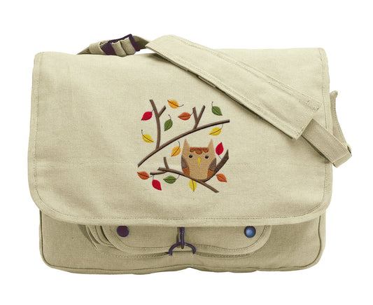 Owl in Autumn Branches Embroidered Canvas Messenger Bag