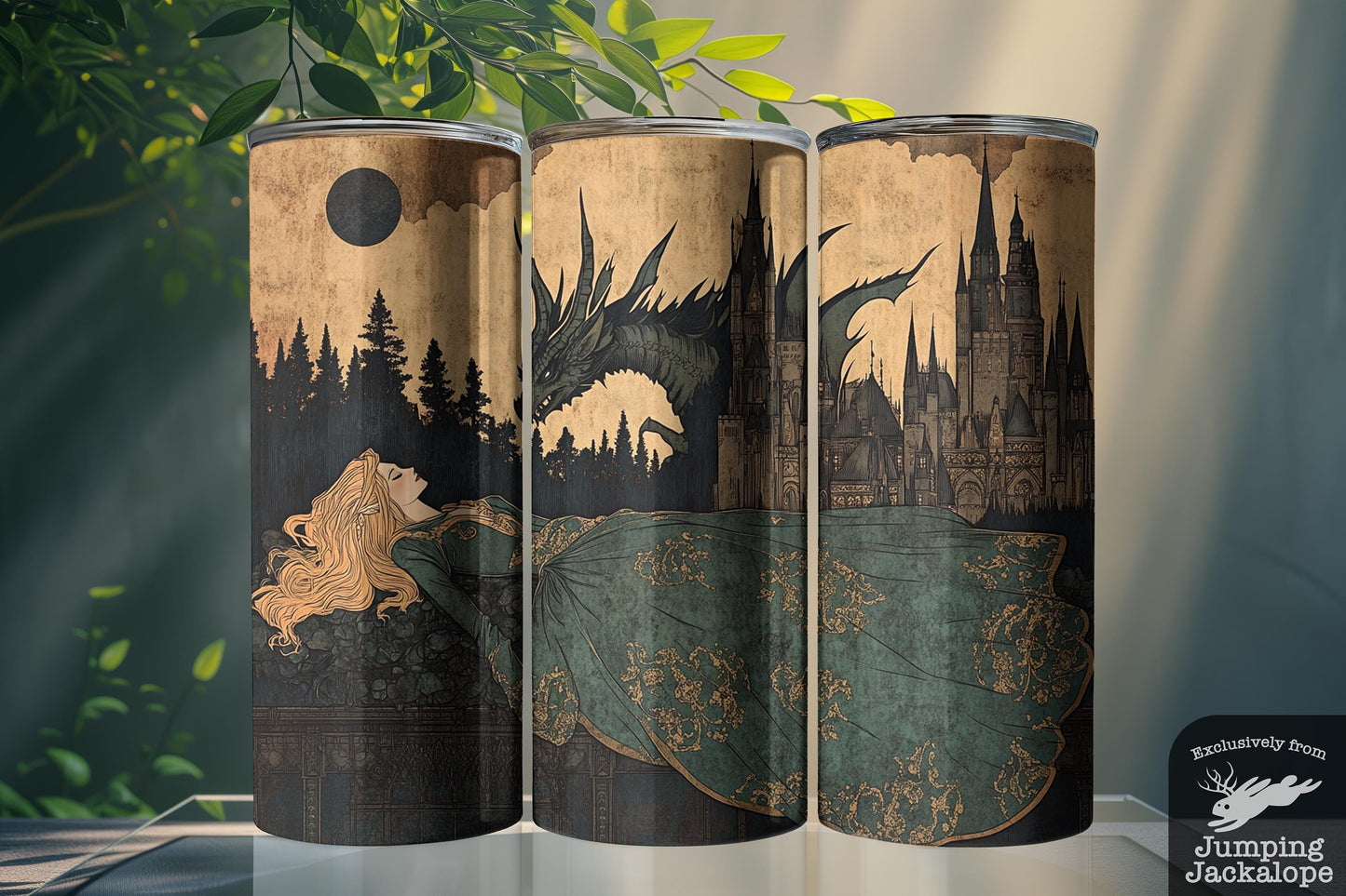 Gothic Sleeping Beauty Tumbler – 20oz Enchanted Castle & Dragon Art | Dark Fairytale Drinkware