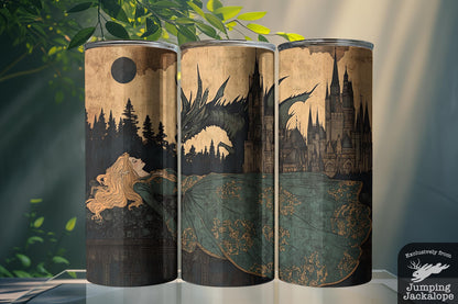 Gothic Sleeping Beauty Tumbler – 20oz Enchanted Castle & Dragon Art | Dark Fairytale Drinkware