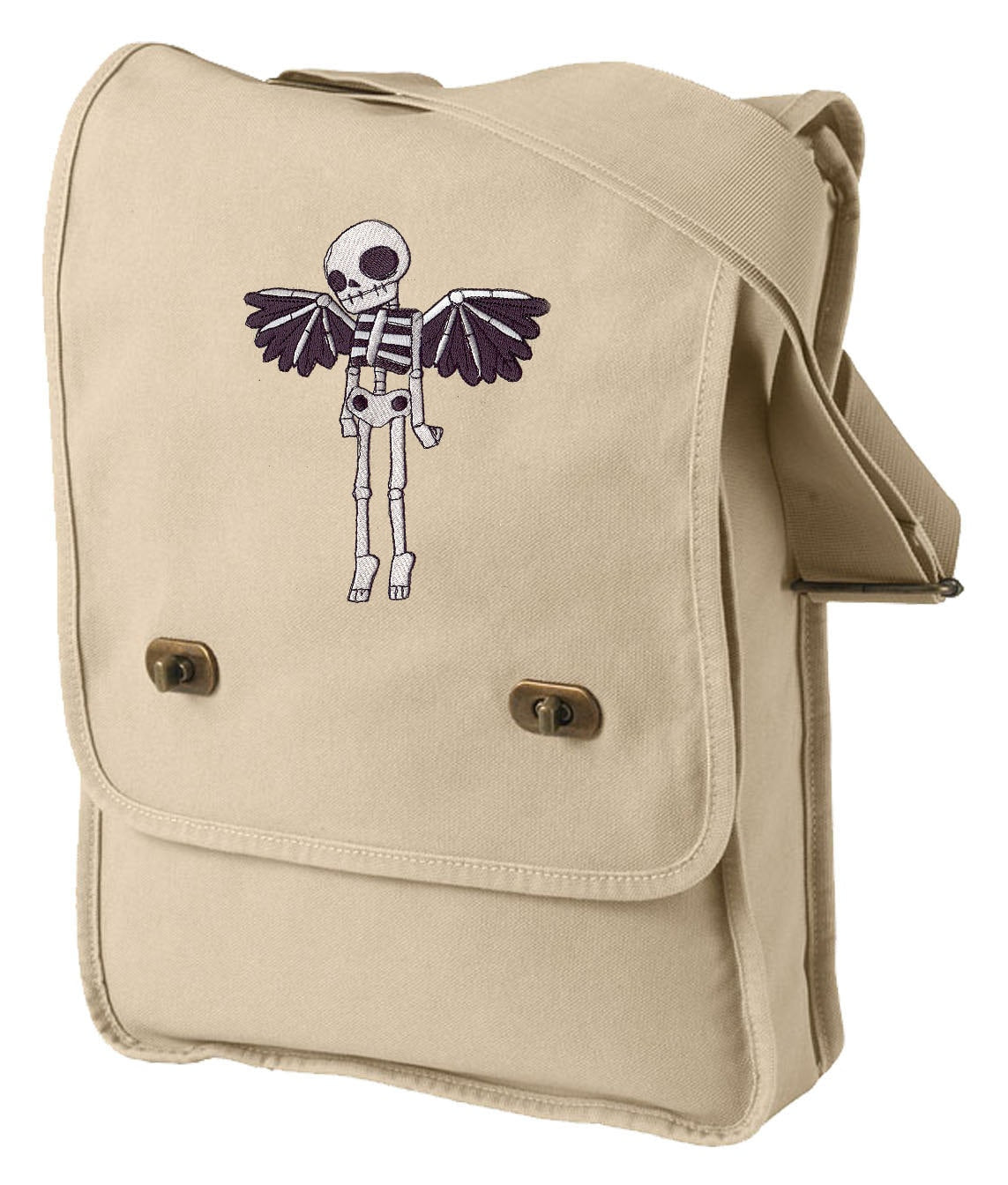 Winged Skeleton Embroidered Canvas Field Bag