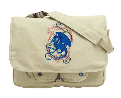 Dragon Crouching in Fantasy Flames Embroidered Canvas Messenger Bag