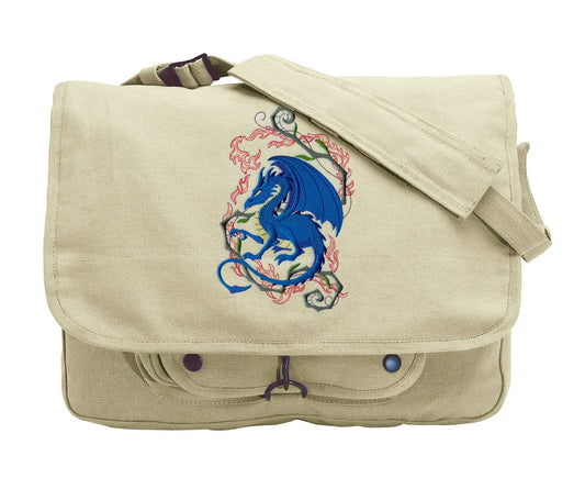 Dragon Crouching in Fantasy Flames Embroidered Canvas Messenger Bag