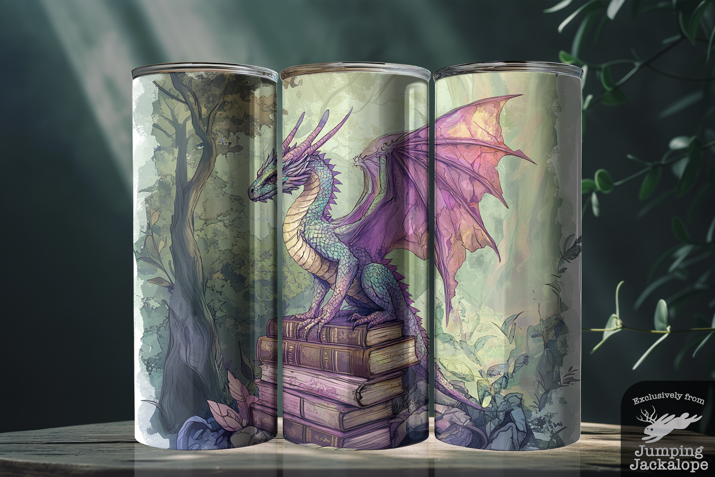 Enchanted Glade Dragon Tumbler – 20oz Amethyst Fantasy Creature with Books | Mythical Forest Mug