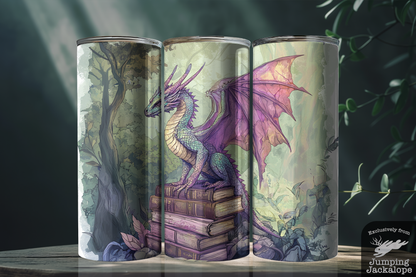 Enchanted Glade Dragon Tumbler – 20oz Amethyst Fantasy Creature with Books | Mythical Forest Mug