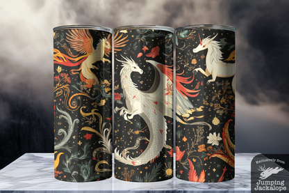 Phoenix and Unicorn Fantasy Tumbler – 20oz Mythical Creature Drinkware | Fire & Forest Whimsy