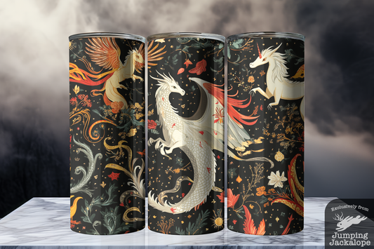Celestial Dragon & Unicorn Tumbler – 20oz Fantasy Creature Drinkware | Floral Night Sky Design