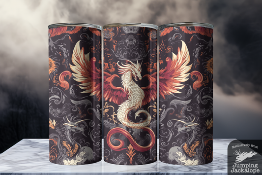 Celestial Flame Dragon Tumbler – 20oz Fiery Winged Serpent | Gothic Fantasy Art Drinkware