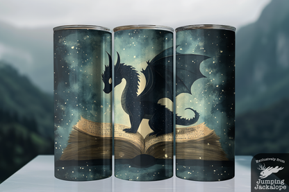 Shadow Wyrm Tumbler – 20oz Fantasy Dragon on Open Book | Dark Fairytale Magic Cup