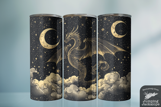 Starlit Gold Dragon Tumbler – 20oz Black & Gold Celestial Fantasy | Lunar Night Sky Art Cup
