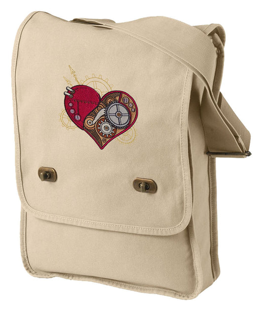 Steampunk Heart Embroidered Canvas Field Bag