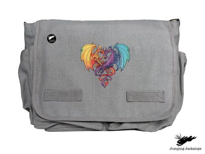 Intertwined Rainbow Heart Dragons Embroidered Classic Canvas Messenger Bag