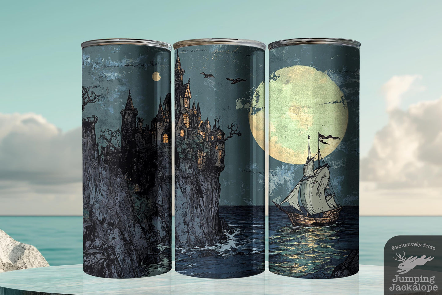 Gothic Castle by the Sea Tumbler – Moonlit Ship & Haunted Cliff Design