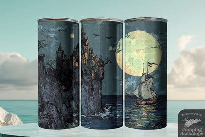 Gothic Castle by the Sea Tumbler – Moonlit Ship & Haunted Cliff Design