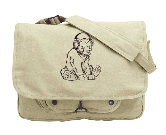 Bear with Headphones Canvas Messenger Bag, Rockin Bear Embroidered Canvas Messenger Bag