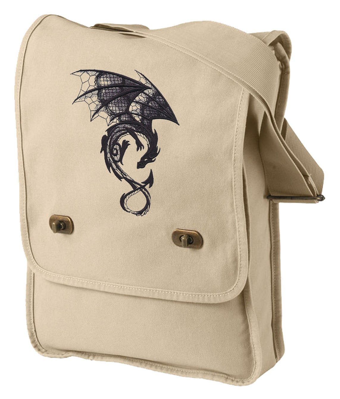 Dragon Field Bag, Embroidered Dragon, Dragon Bag, Dark Creatures - Dragon Embroidered Canvas Field Bag