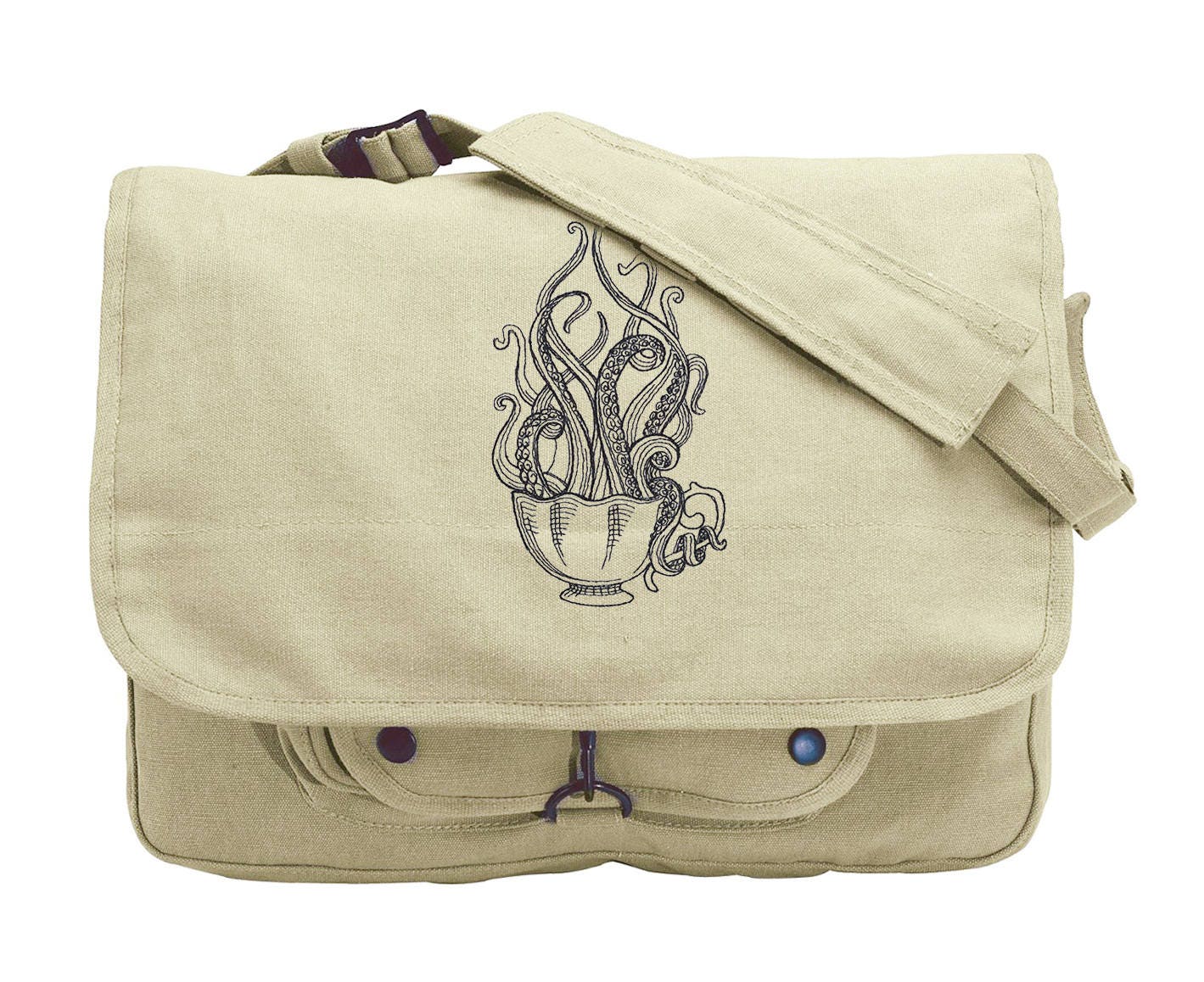 Engraved Tentacle Tea, Octopus Embroidered Canvas Messenger Bag
