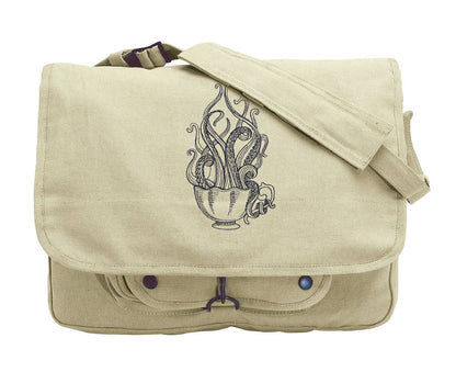 Engraved Tentacle Tea, Octopus Embroidered Canvas Messenger Bag
