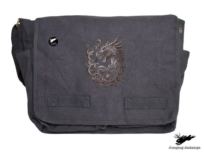 Baroque Scrollwork Dragon Embroidered Classic Canvas Messenger Bag