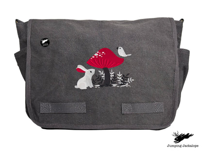 A Curious Find Bunny and Mushroom Design Embroidered Classic Canvas Messenger Bag