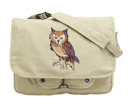 Painted Owl Embroidered Canvas Messenger Bag